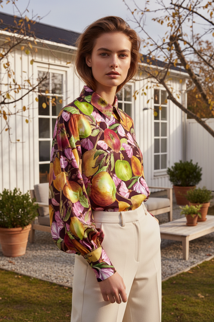 Apple Garden Nordic Blouse Mockup — Watercolor Fruit Print FR002 ©Byheart Design Sweden