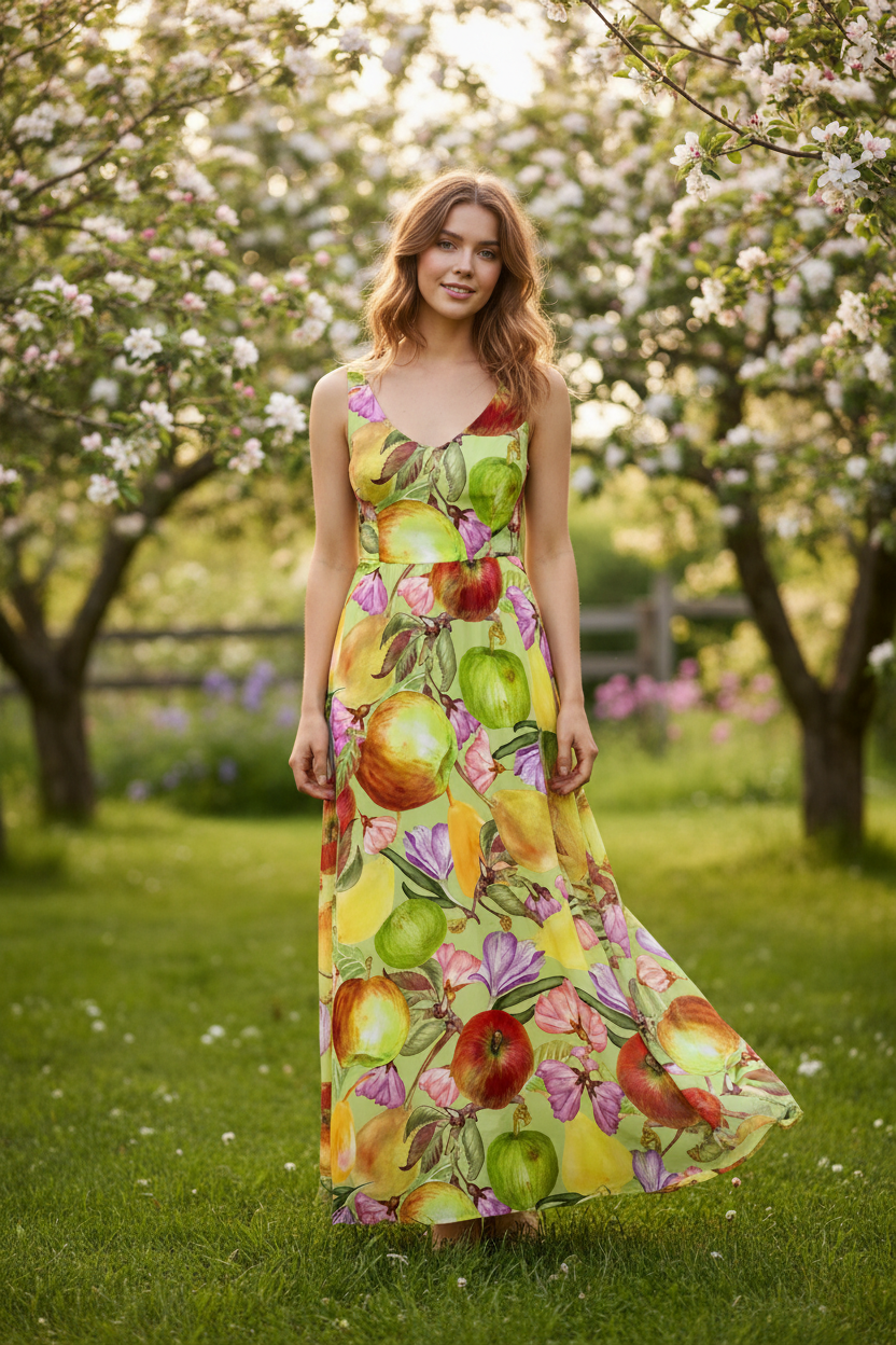 Apple Garden Summer Dress Light Green Mockup — Watercolor Fruit Print FR002 ©Byheart Design Sweden