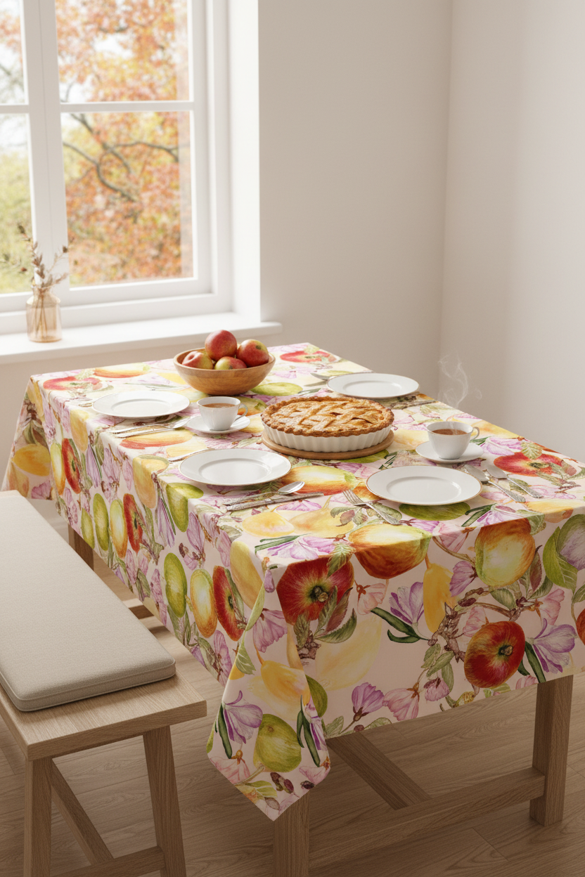Apple Garden Tablecloth Dining Table Mockup — Watercolor Fruit Print FR002 ©Byheart Design Sweden