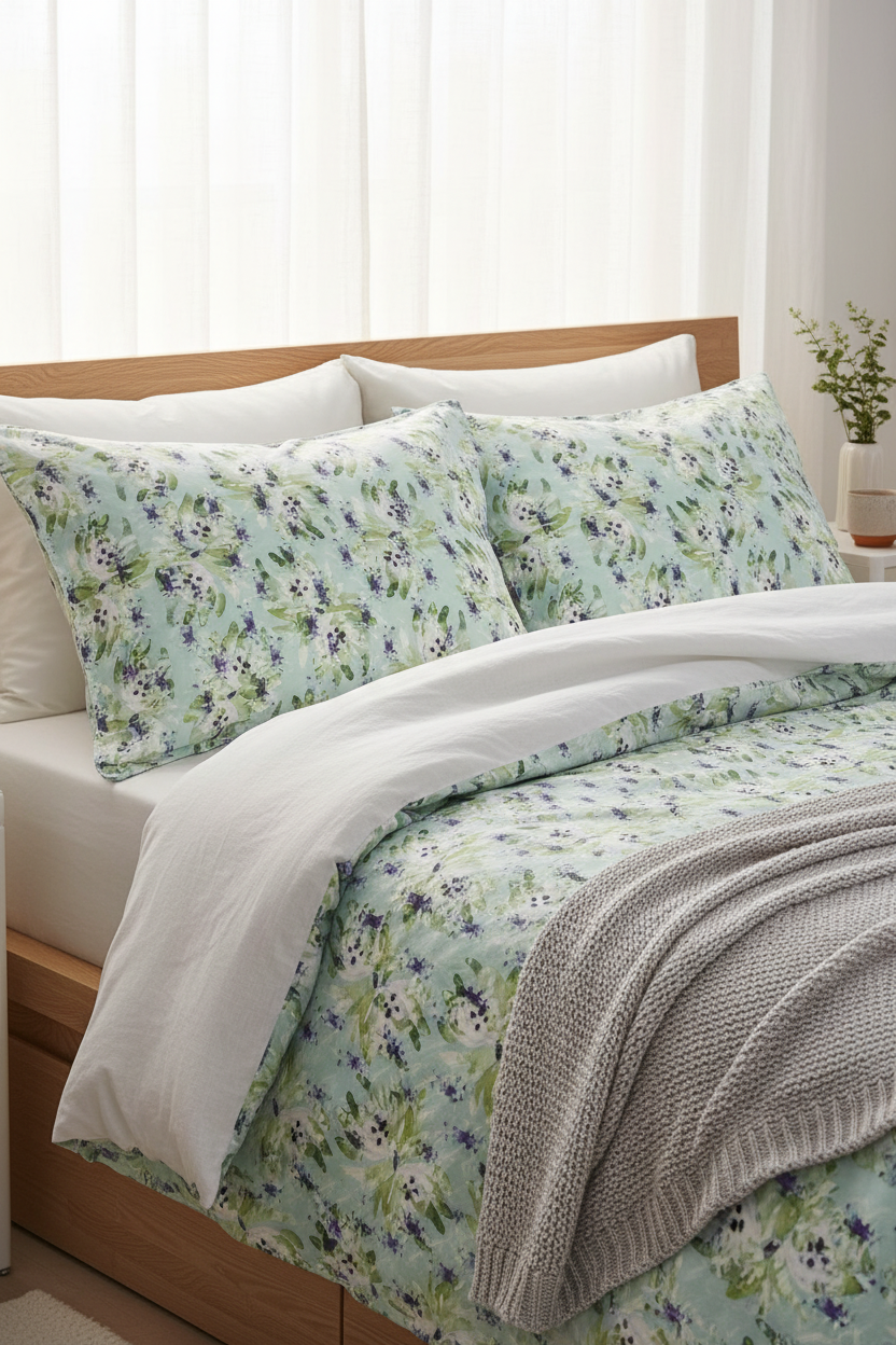 Blue Blooms in Dots Bedroom Bedding Mockup