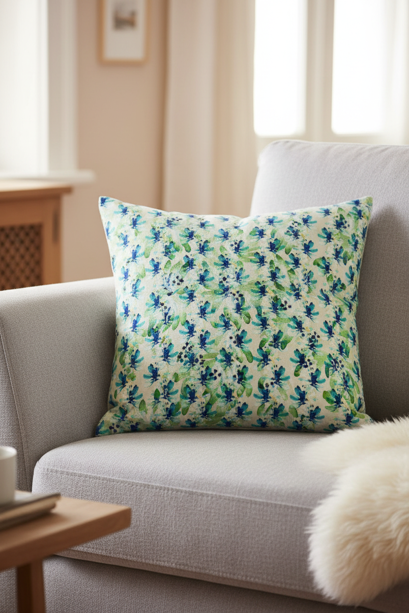 Blue Blooms in Dots Cushion Mockup