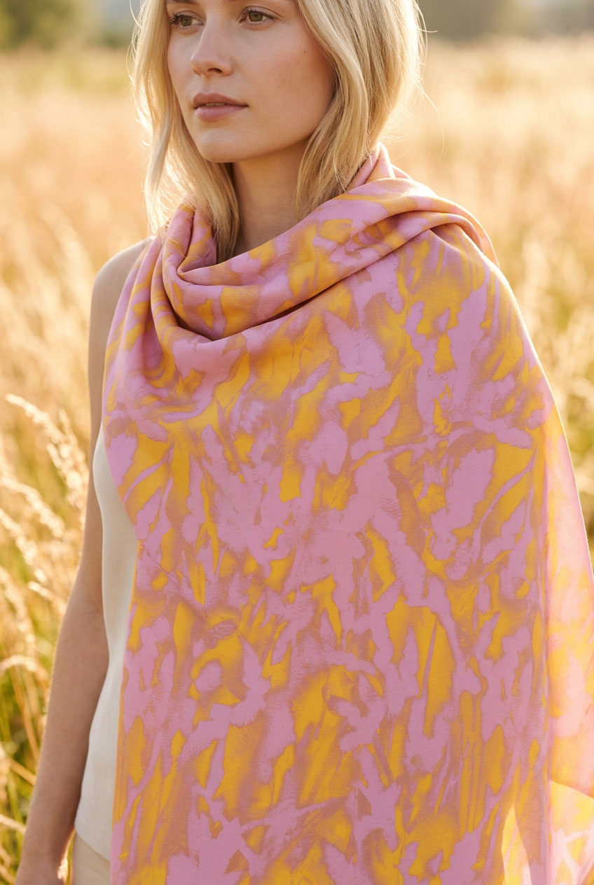 Grass Meadow Scarf Close-up Mockup — Hand-painted Botanical Print AB003-CW04 ©Byheart Design Sweden