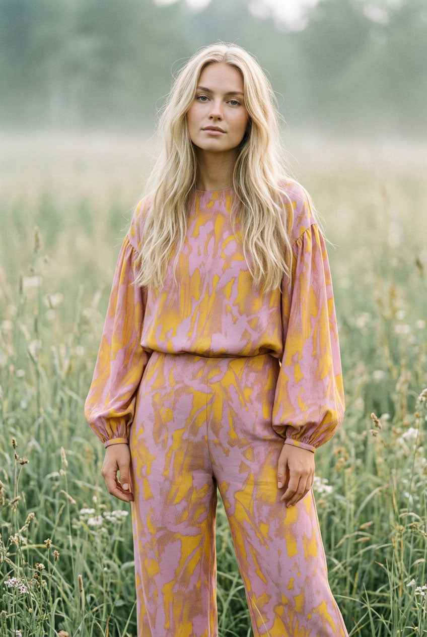Grass Meadow Statement Blouse Mockup — Hand-painted Botanical Print AB003-CW04 ©Byheart Design Sweden