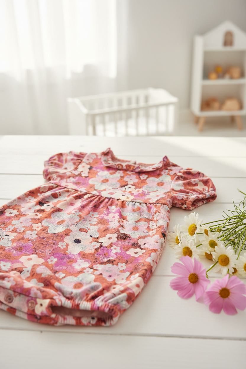 FL0012 Coral Pink Baby Romper Close-up