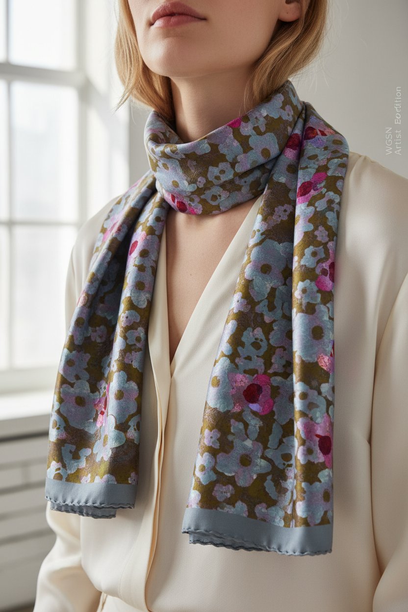 FL0012 Olive Blue Silk Scarf Artist Edition