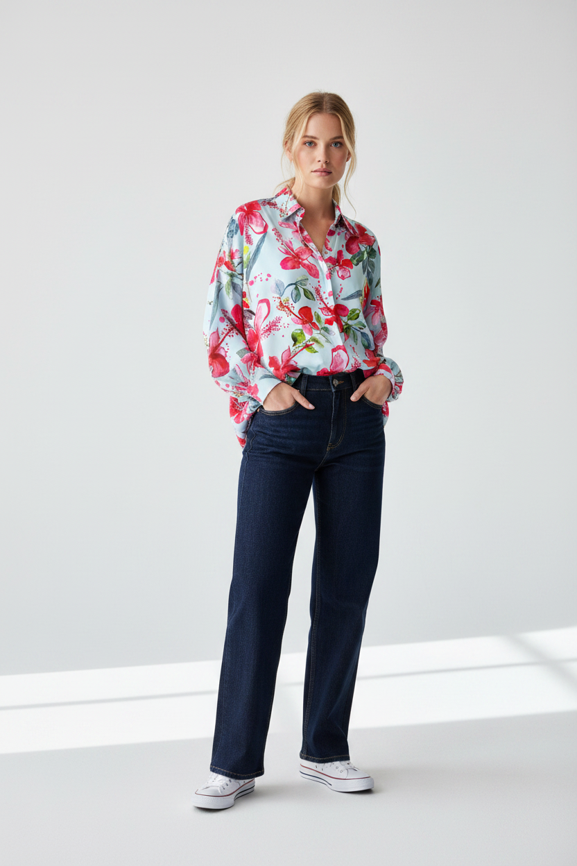 FL0014 Light Blue Silk Blouse Jeans