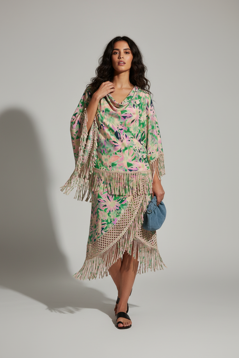 FL0017 Green Peach Fringe Poncho New Model