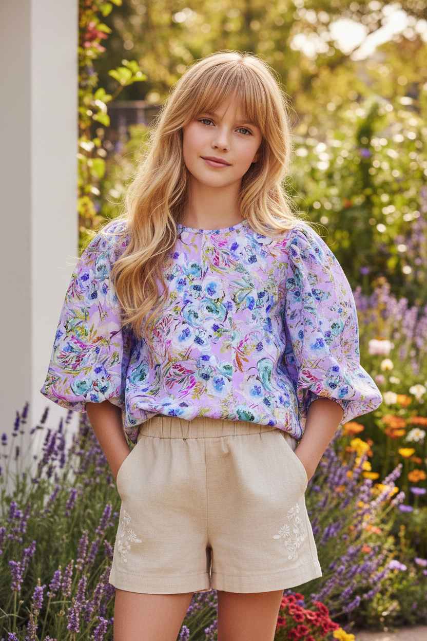FL003 Kids Lavender Puff Sleeve Garden
