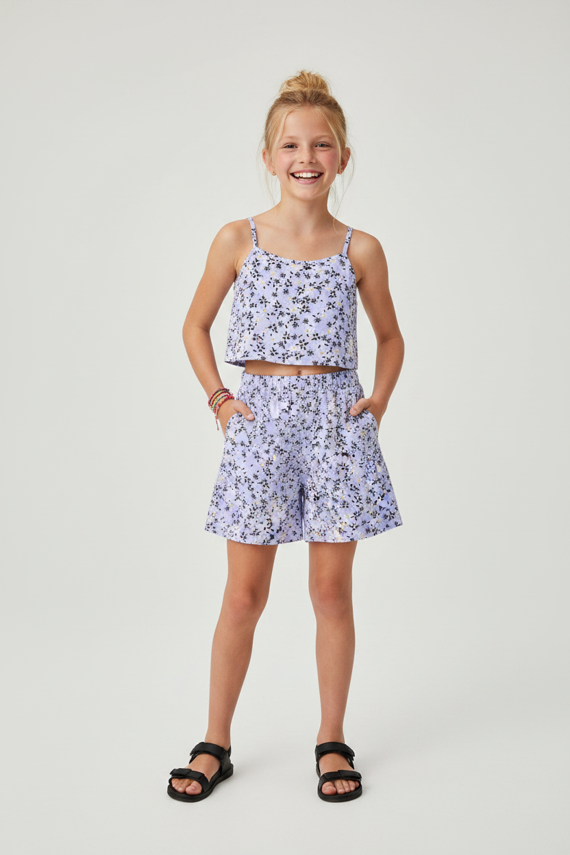 FL005 Kids Lavender Crop Top Shorts Set