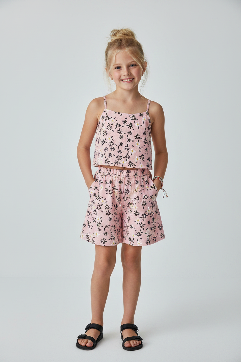 FL005 Kids Pink Crop Top Shorts Set