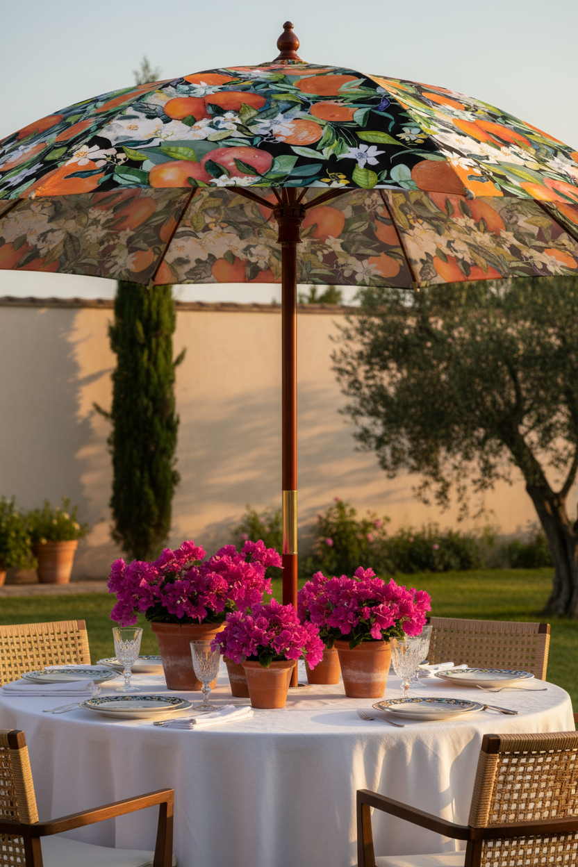 FR001 Black Parasol Spanish Garden - Watercolor Fruit Print FR001 ©Byheart Design Sweden