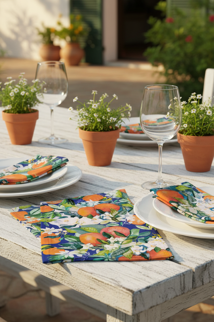 FR001 Indigo Napkins Spanish Table -Watercolor Fruit Print FR001 ©Byheart Design Sweden