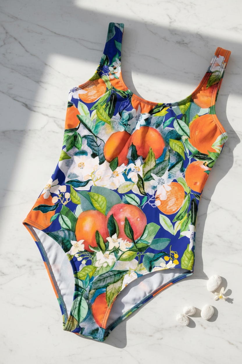 FR001 Indigo Swimsuit Flat Lay -Orange Mockup — Watercolor Fruit Print FR001 ©Byheart Design Sweden