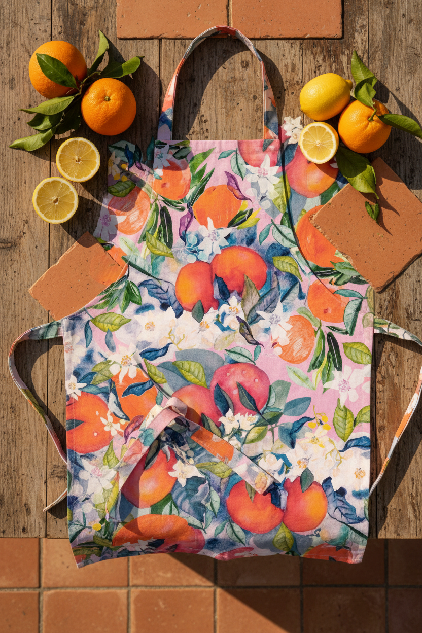 FR001 Pink Apron Spanish Kitchen — Watercolor Fruit Print FR001 ©Byheart Design Sweden
