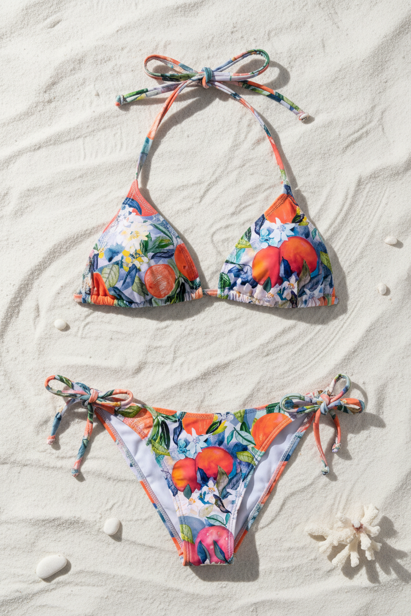 FR001 White Bikini Flat Lay - Watercolor Fruit Print FR001 ©Byheart Design Sweden
