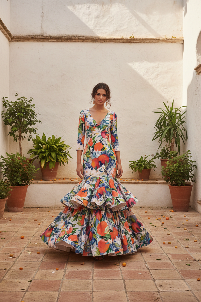 FR001 White Full Flamenco Dress - Orange Delight Flamenco Dress Mockup — Watercolor Fruit Print FR001 ©Byheart Design Sweden