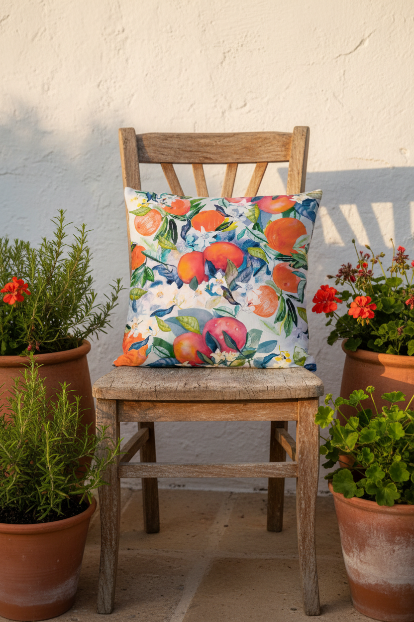 FR001 White Pillow Spanish Garden - Watercolor Fruit Print FR001 ©Byheart Design Sweden