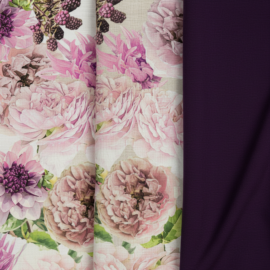 Macro close-up detail of Black Garden floral pattern on fabric textures