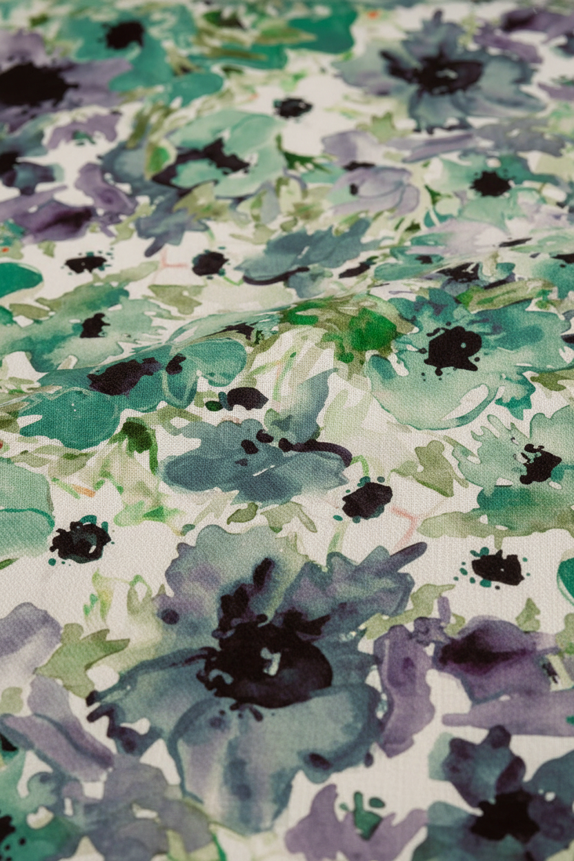 Purple Flowers Fabric Close-up Mockup — Watercolor Floral Print FL007 ©Byheart Design Sweden