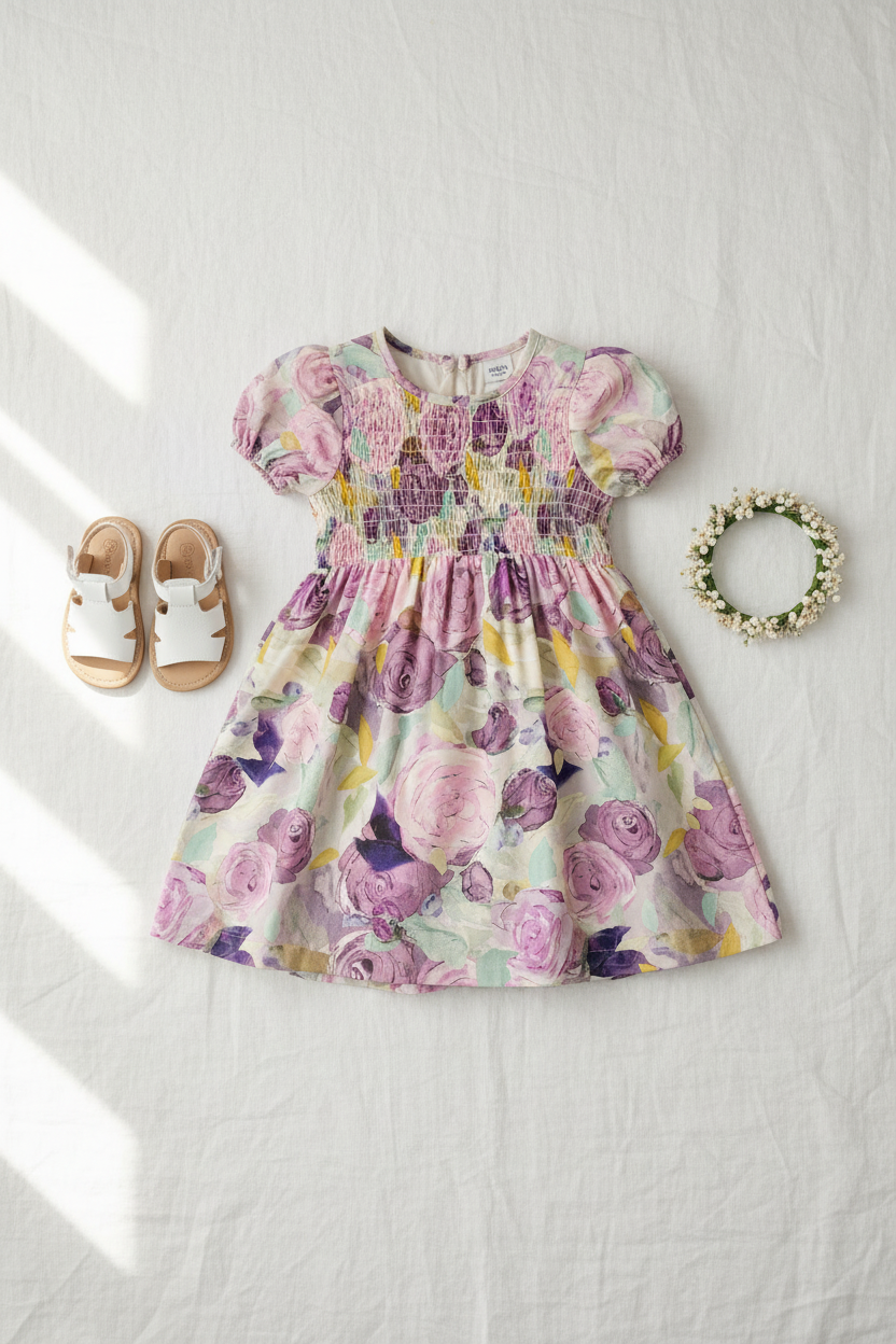Roses at Night Children's Dress Flat Lay