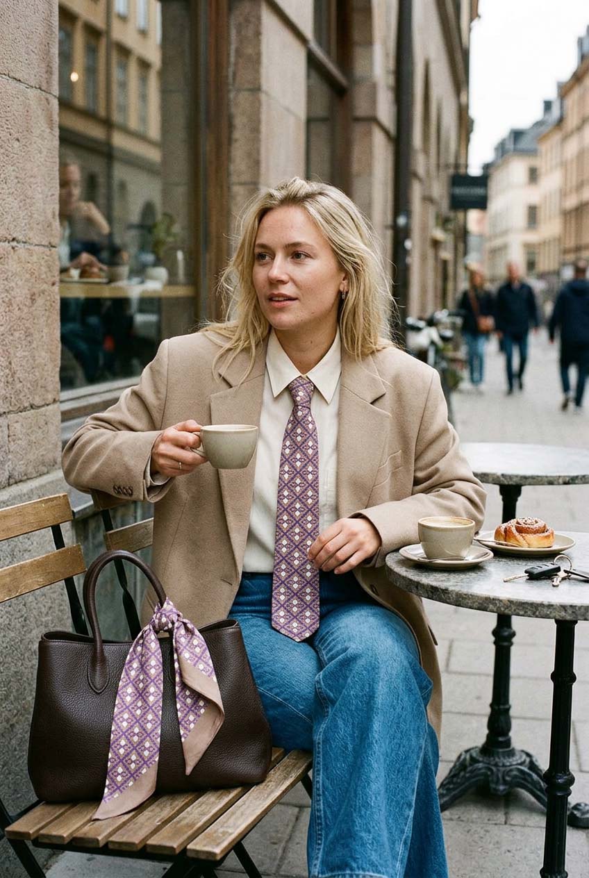 Stars Tie and Bag Scarf Mockup — Violet geometric accessories with a beige blazer and blue jeans at an outdoor cafe. GEO0001 ©Byheart Design Sweden