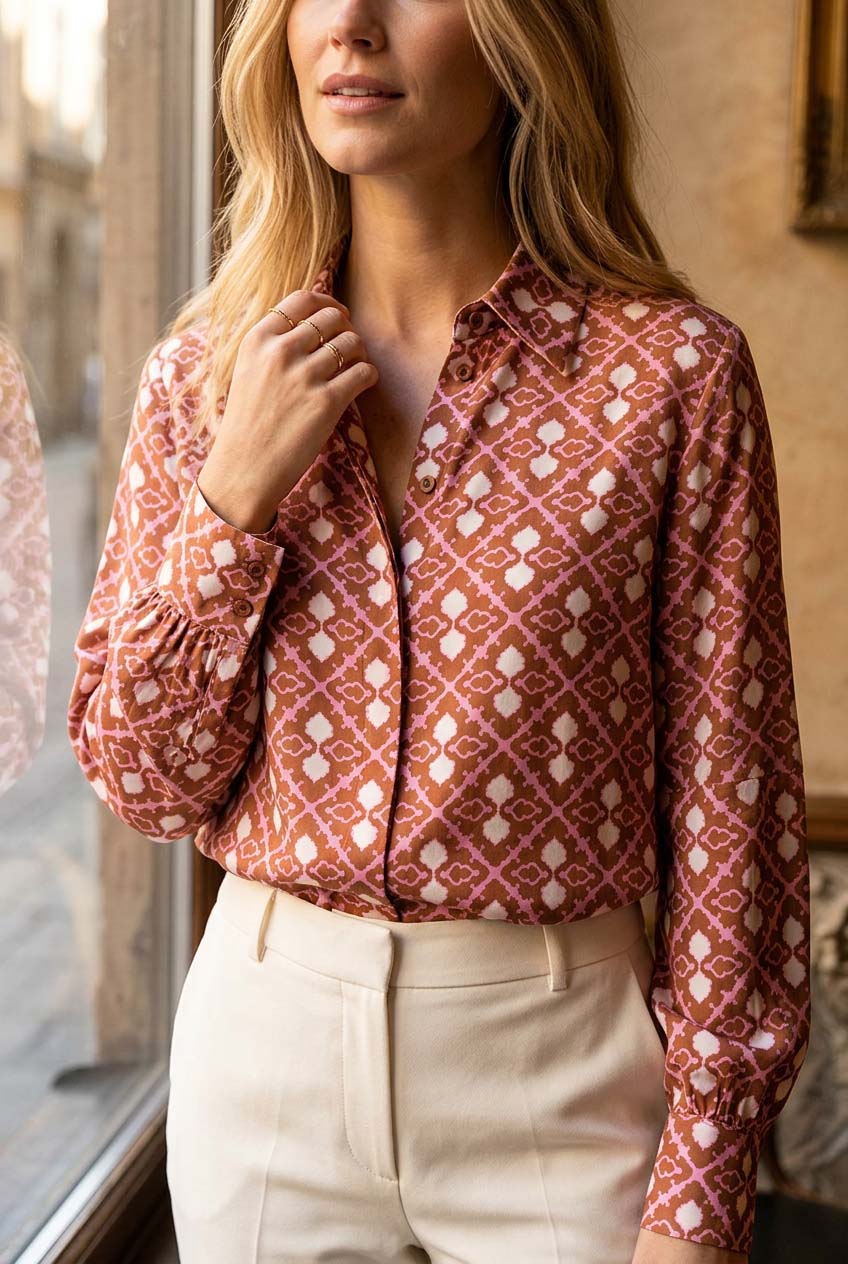 Stars Collared Blouse Mockup — Close-up of brown and pink geometric print with gathered sleeves and ivory trousers. GEO0001 ©Byheart Design Sweden