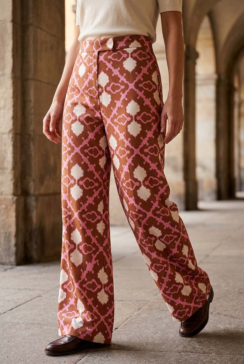 Stars Wide-Leg Trousers Mockup — Brown, pink and ivory geometric print with an ivory top and brown loafers. GEO0001 ©Byheart Design Sweden