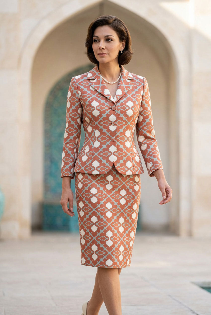 Stars Tailored Skirt Suit Mockup — Terracotta, sage and ivory geometric print on a fitted blazer and knee-length skirt. GEO0001 ©Byheart Design Sweden
