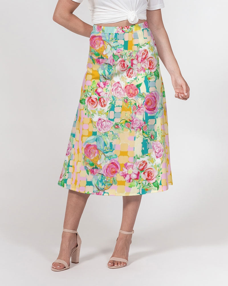 RETRO ROSES Women's A-Line Midi Skirt