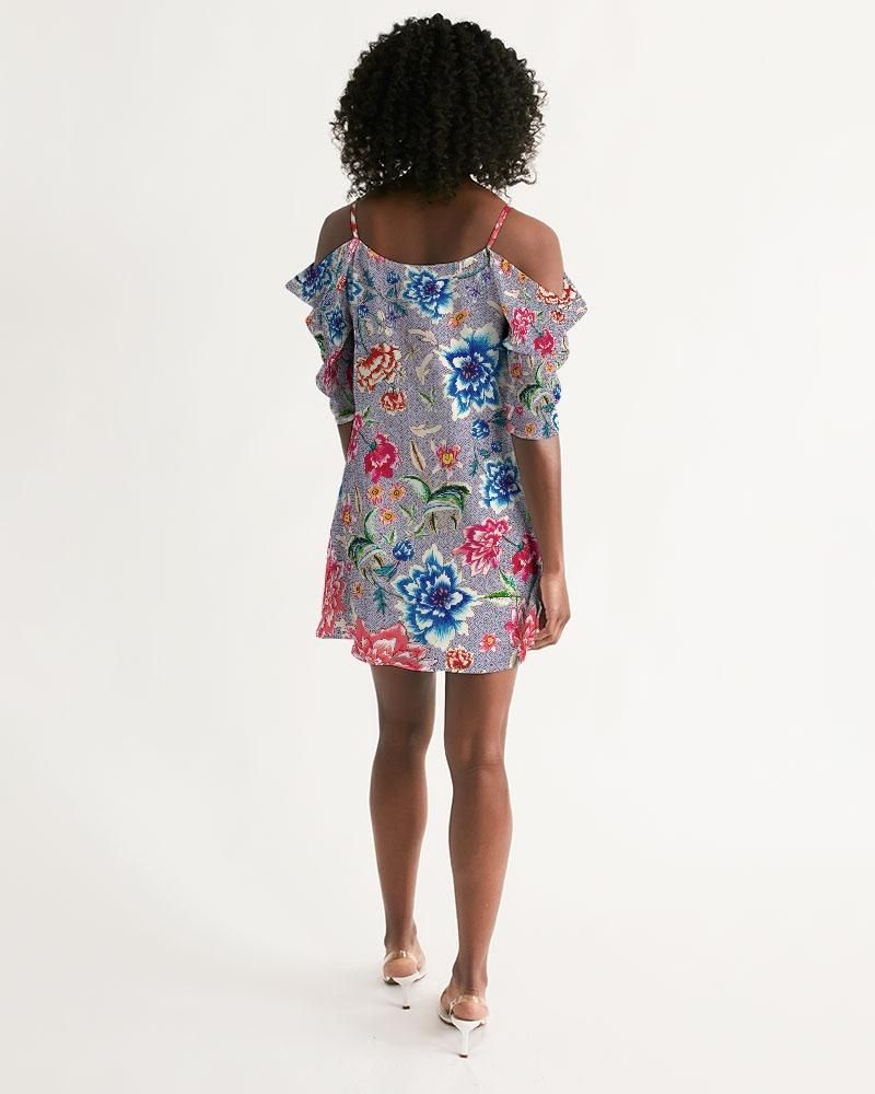 AMORE BLUE ROSES Women's Open Shoulder A-Line Dress