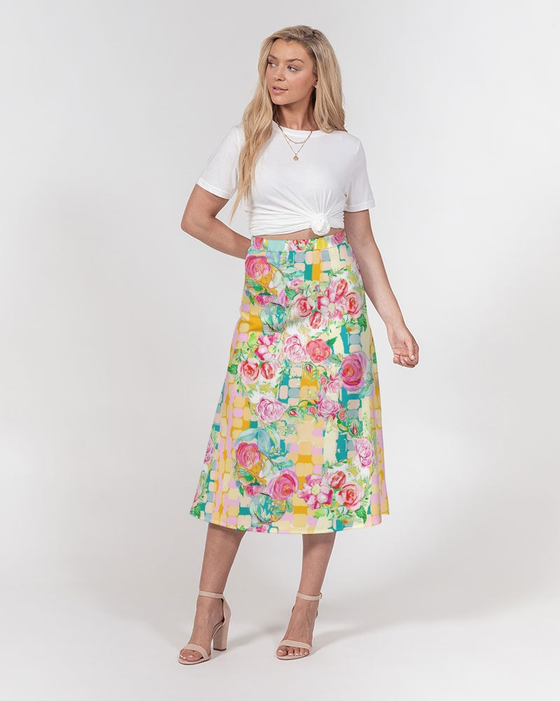 RETRO ROSES Women's A-Line Midi Skirt