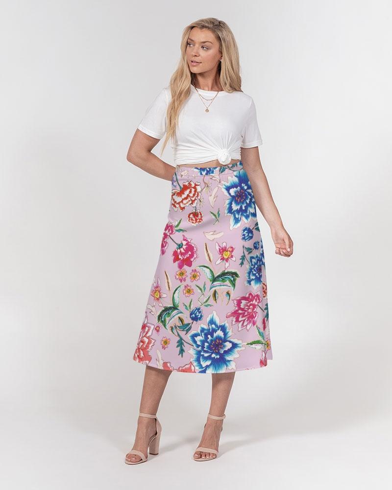 Women's A-Line Midi Skirt || AMORE Purple Blooms