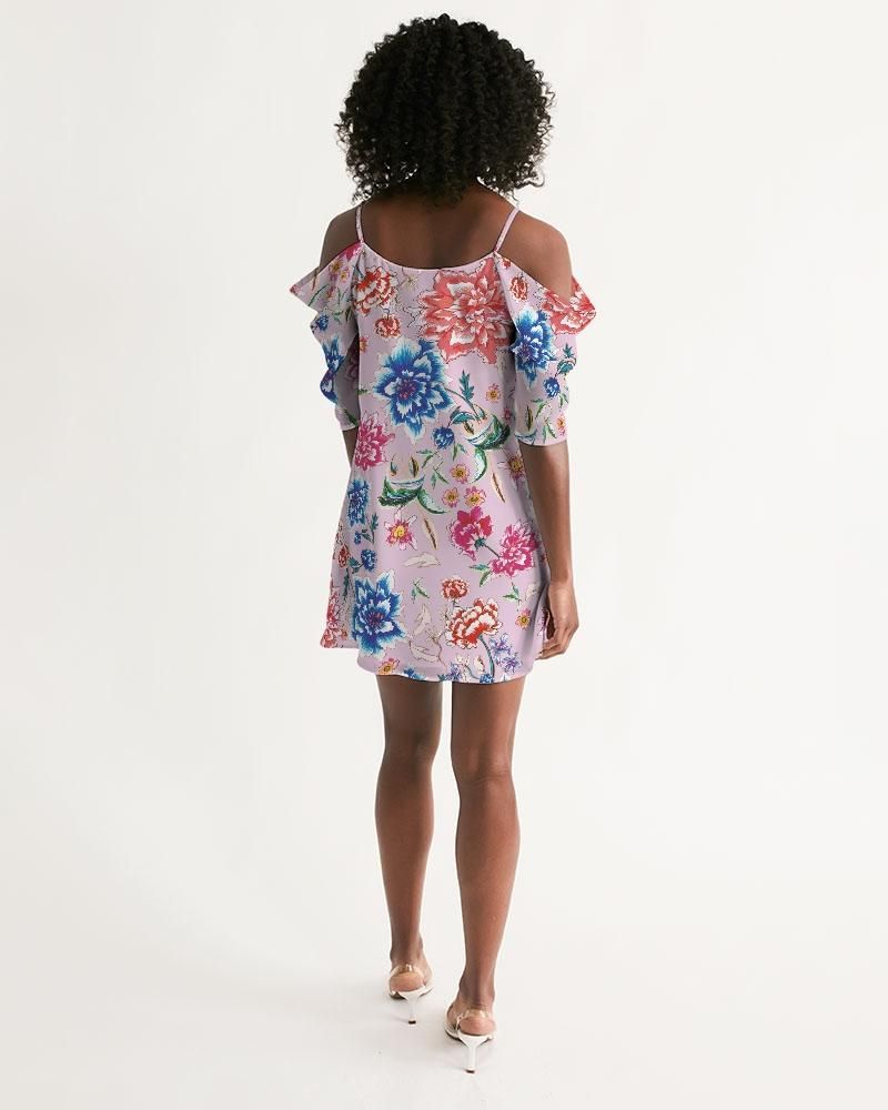 Women's Open Shoulder A-Line Dress || AMORE Purple Blooms