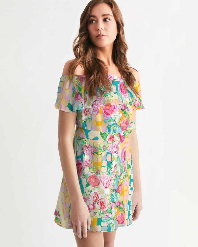 RETRO ROSES || Women's Off-Shoulder Dress