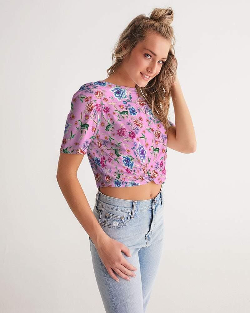 AMORE PINK Women's Twist-Front Cropped Tee