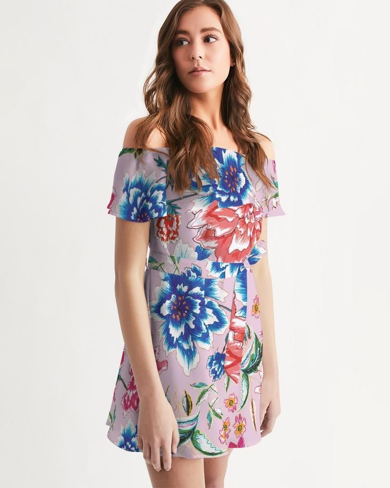 Women's Off-Shoulder Dress || AMORE Purple Blooms