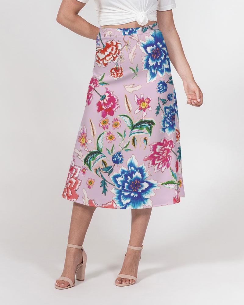 Women's A-Line Midi Skirt || AMORE Purple Blooms