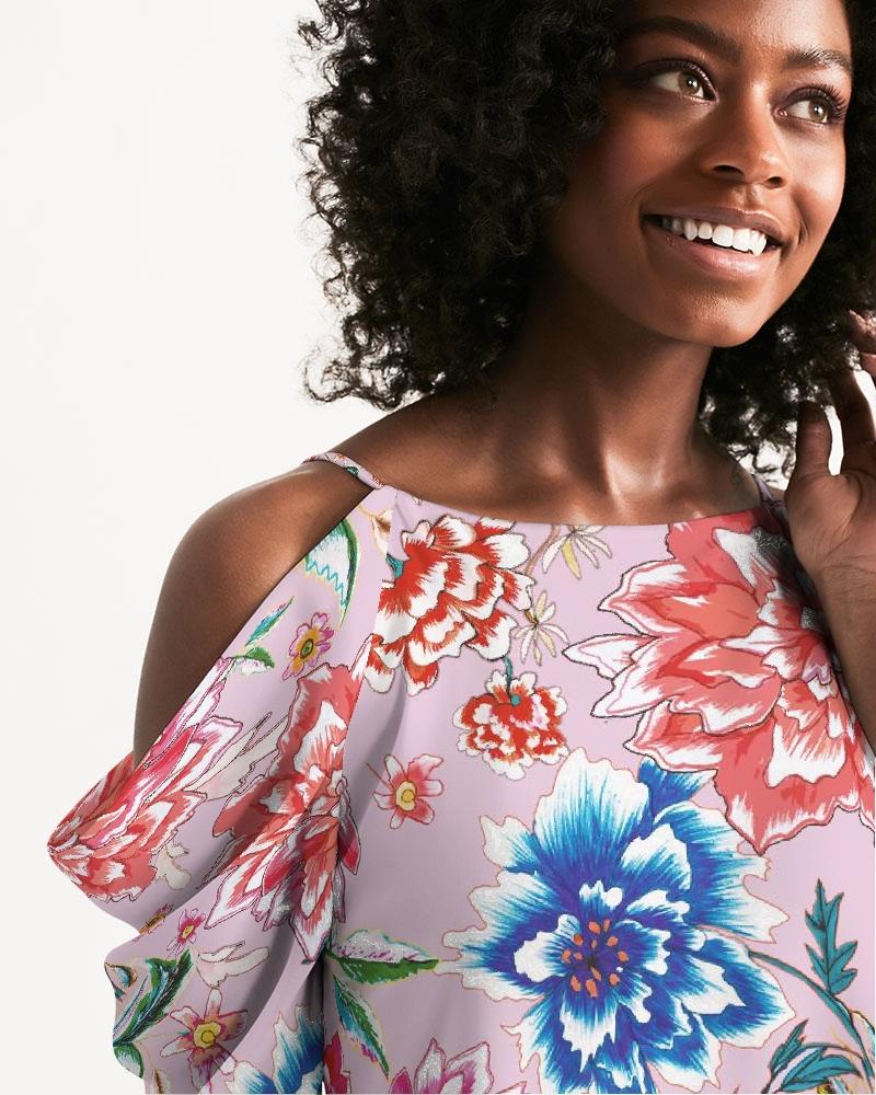 Women's Open Shoulder A-Line Dress || AMORE Purple Blooms