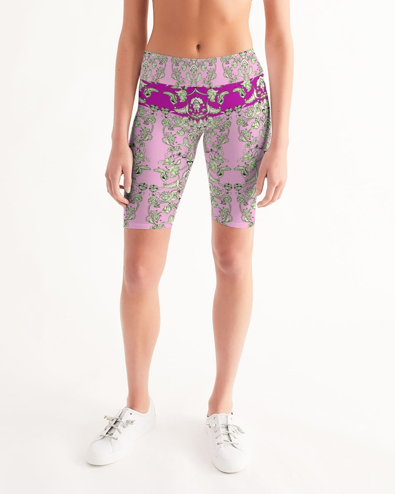 MIRACULOUS FLOWERS -PINK  || Women's Mid-Rise Bike Shorts