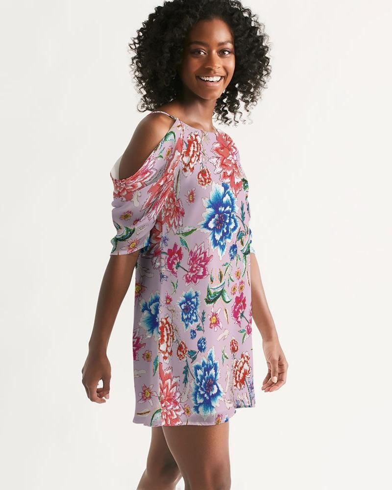 Women's Open Shoulder A-Line Dress || AMORE Purple Blooms