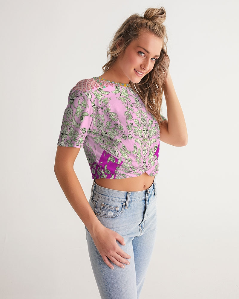 MIRACULOUS FLOWERS -PINK || Women's Twist-Front Cropped Tee