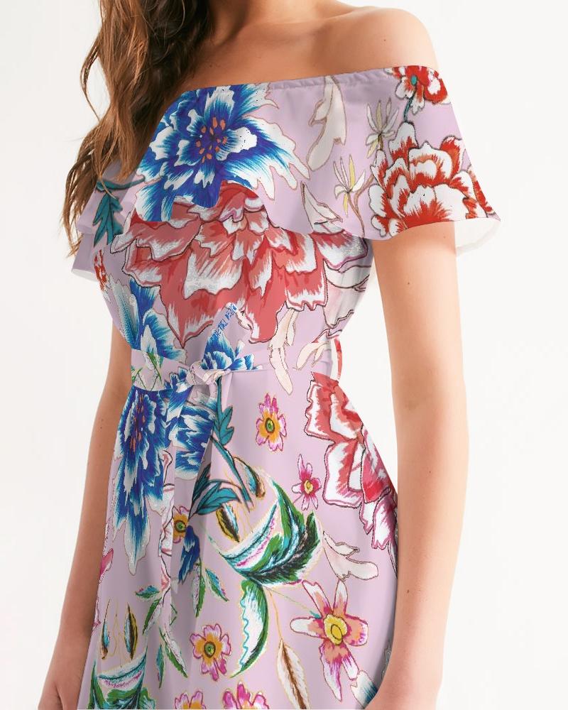 Women's Off-Shoulder Dress || AMORE Purple Blooms